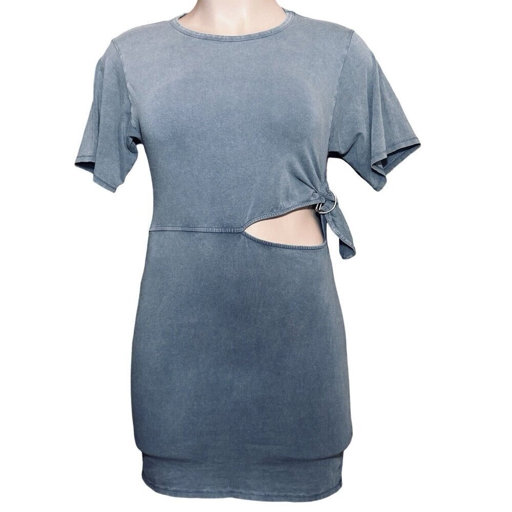 ZARA Stretch Bodycon Casual Dress Side‎ Cut-Out Women Large Gray/Blue Round Neck